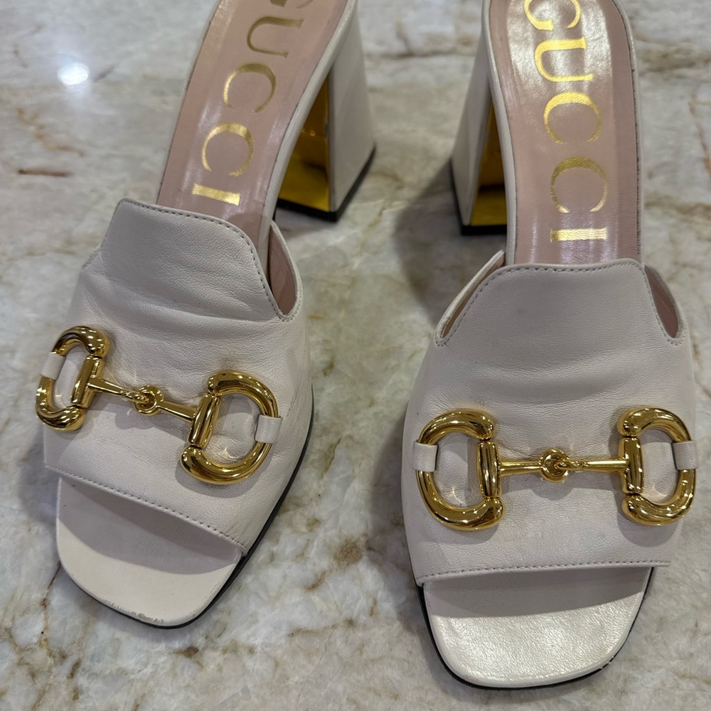 Gucci Women's Cream Leather Mules with Gold Accents